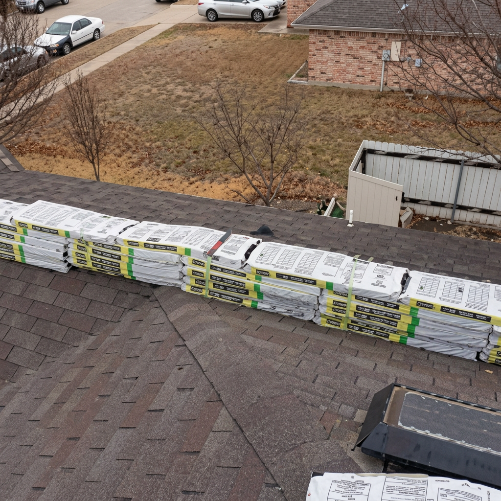 Aerial photo of bundles of architectural shingles staged on a residential roof for replacement