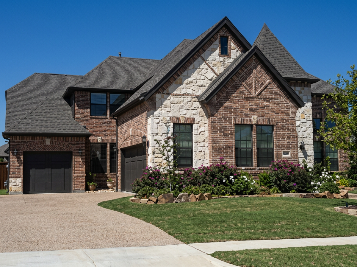 Two-story brick and stone Texas home with a completed dark architectural shingle roof