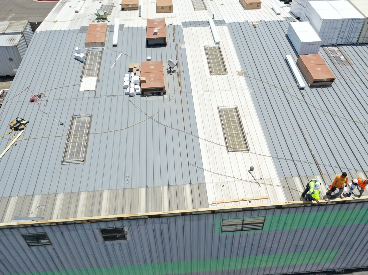 Aerial view of a large commercial metal roof with crew working near the roof edge