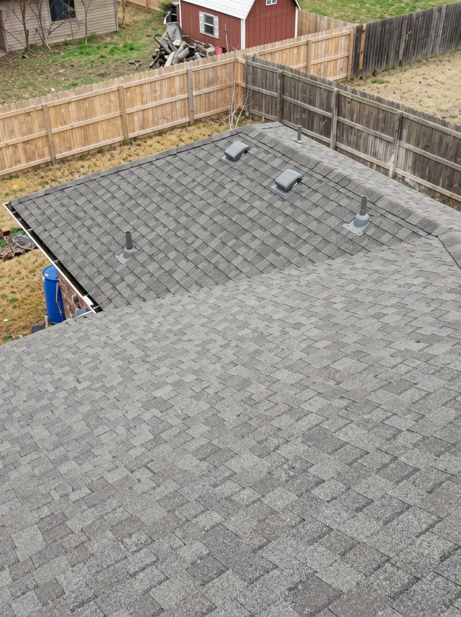 Aerial view of a freshly installed asphalt shingle residential roof