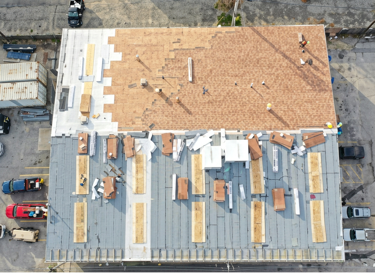 Aerial view of a large commercial flat roof installation in progress with shingles and underlayment