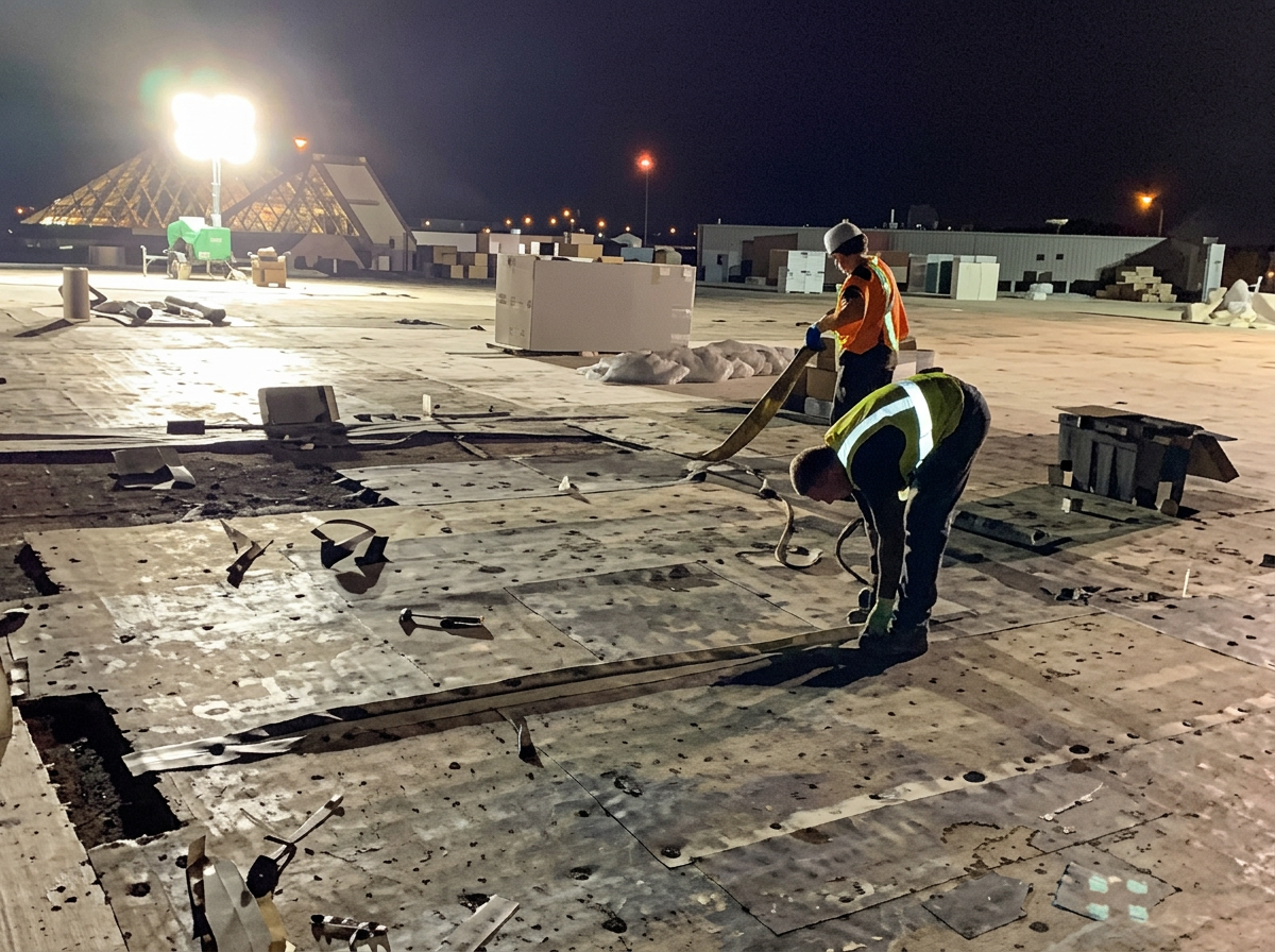 Paris Roofing crew performing emergency overnight commercial roof repair under work lights