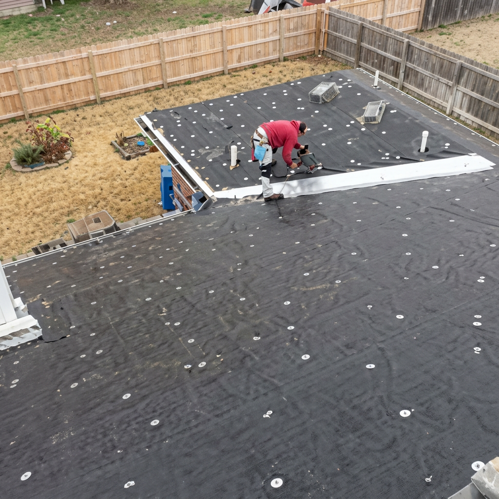 Roofer installing a TPO membrane on a residential flat roof in Liberty Hill, Texas