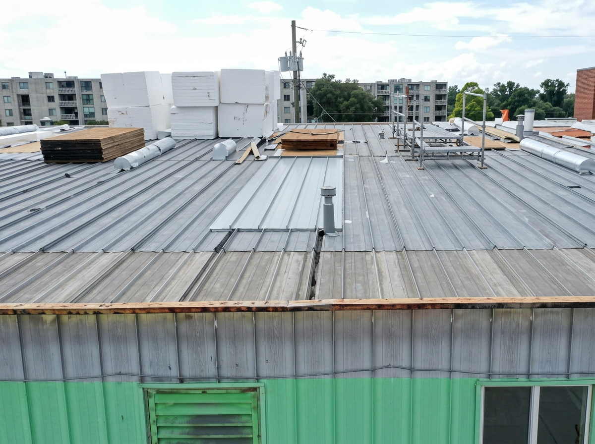Standing seam metal roof installation on a commercial building in Central Texas