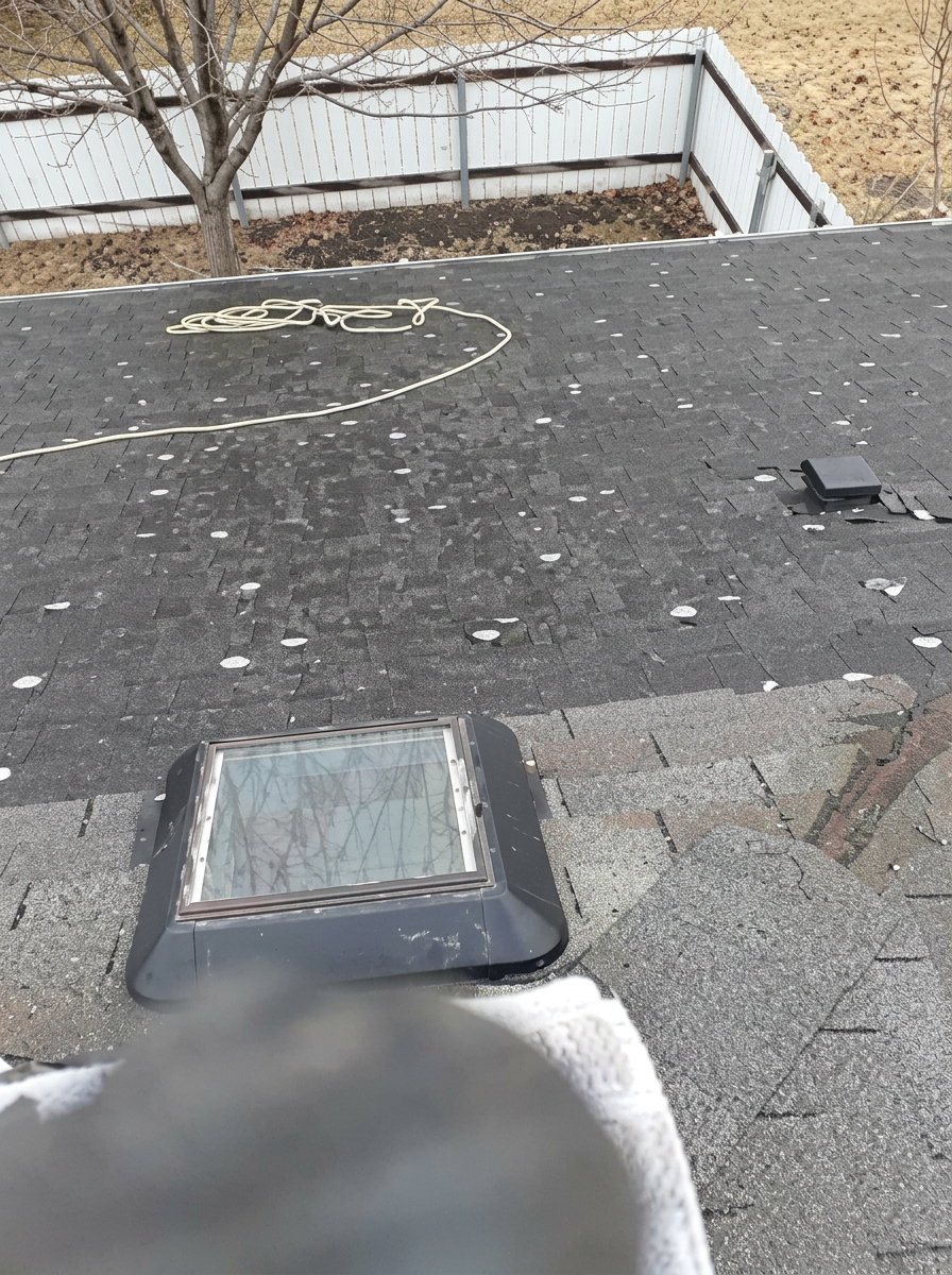 Overhead view of a residential asphalt shingle roof with skylight after replacement